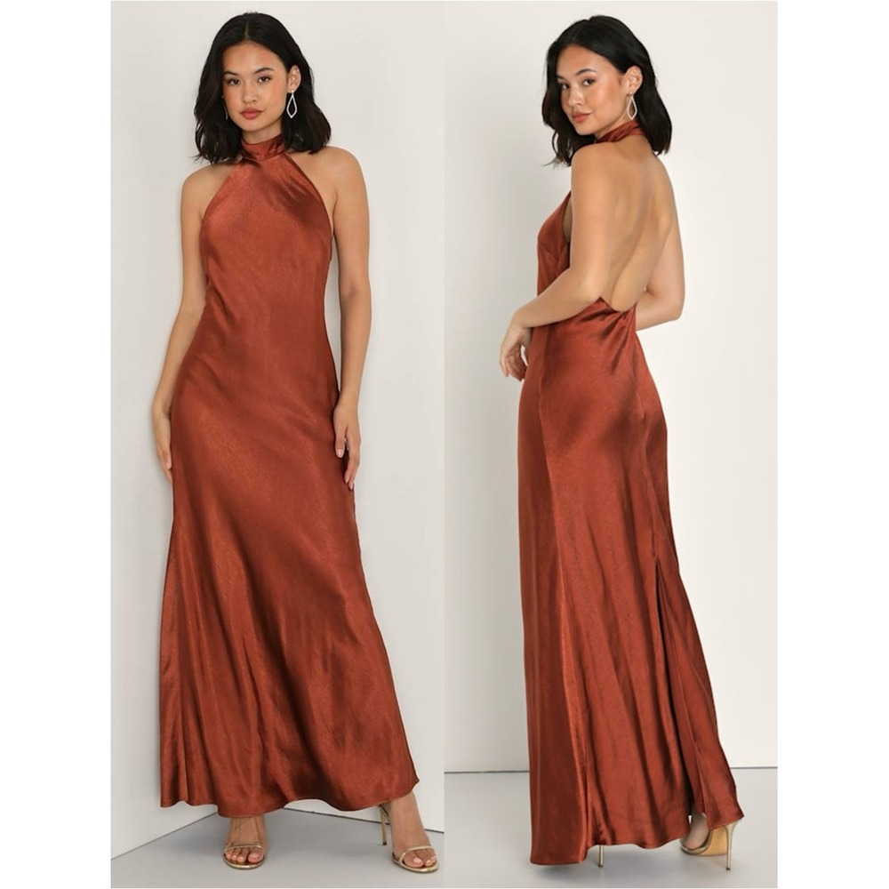 LULUS Rust Satin Halter Neck Open Back Old Money Y2K Wedding Guest Slip Dress M